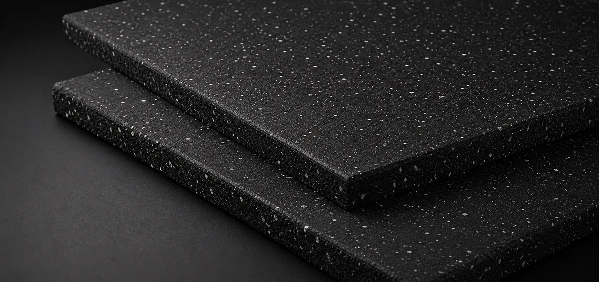Close-up of layered black rubber flooring tiles