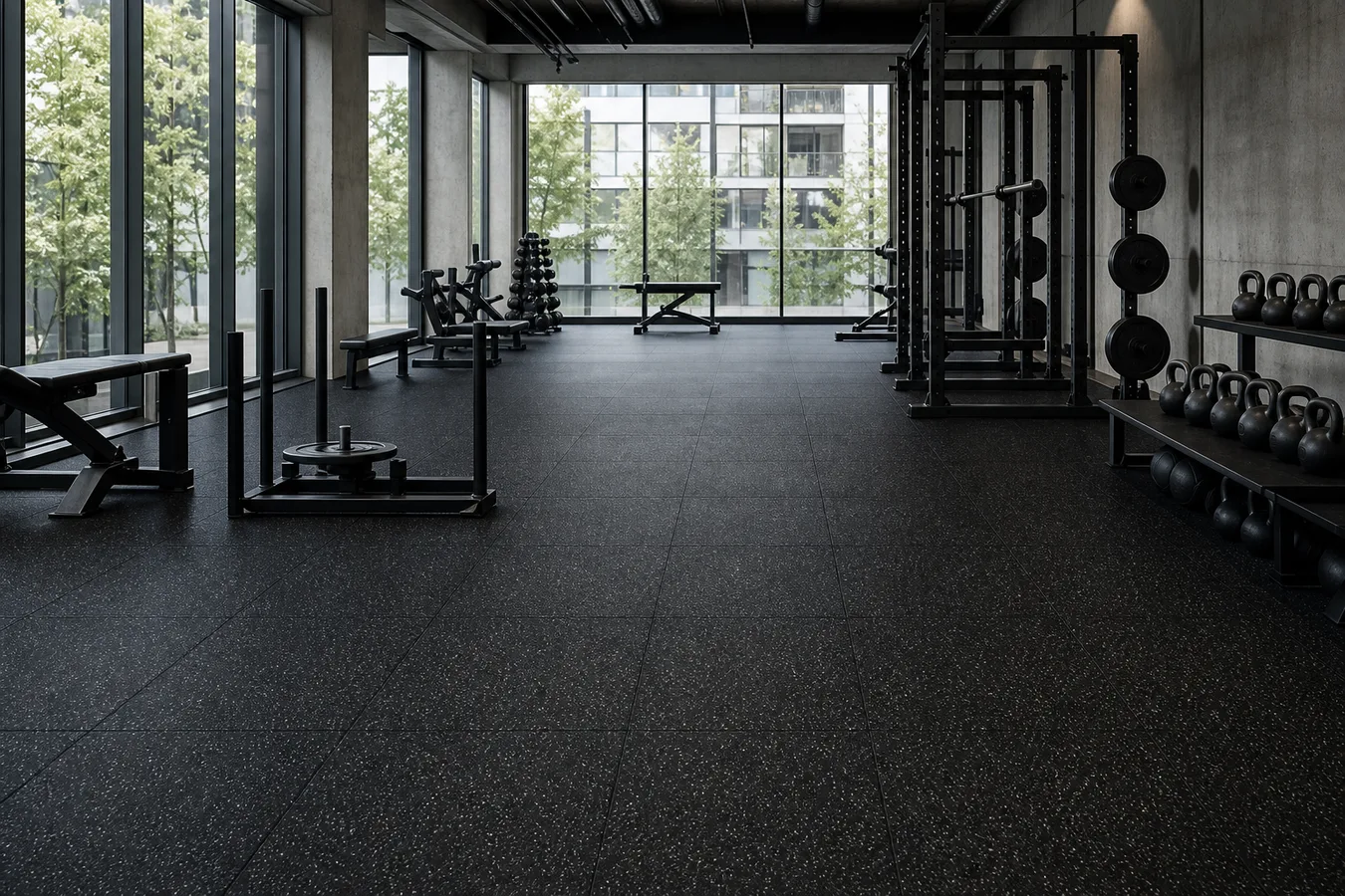 Bright commercial training studio with black rubber flooring
