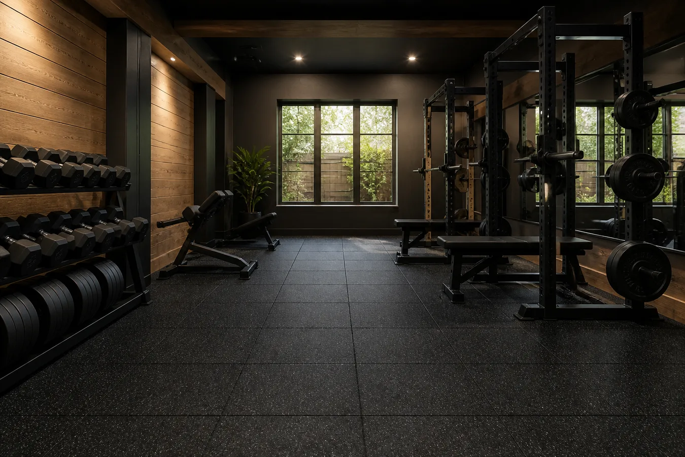 Warm timber-lined strength studio with black rubber flooring